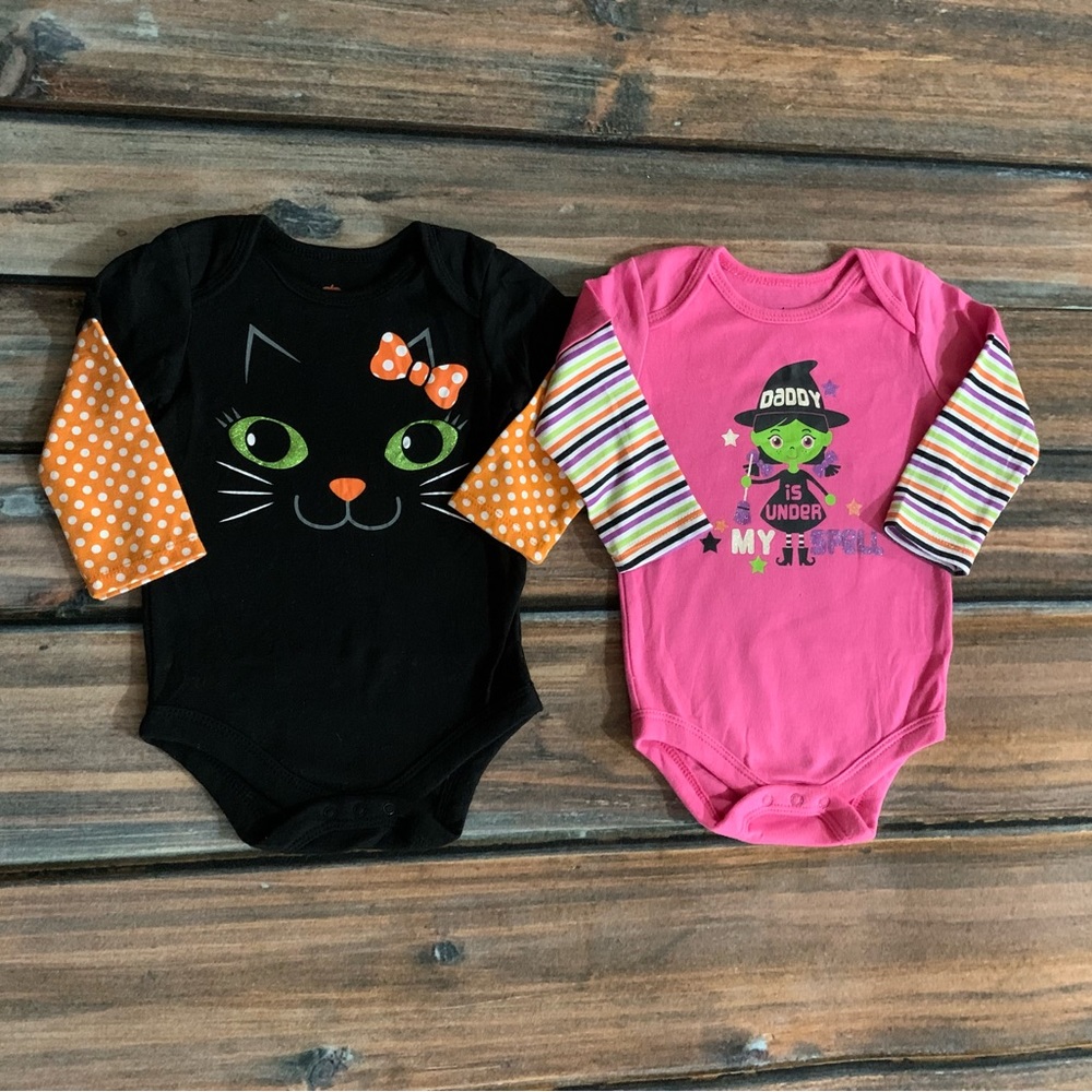 Way to Celebrate Halloween infant girl 12mo bodysuits (2) - Black Cat & Witch
